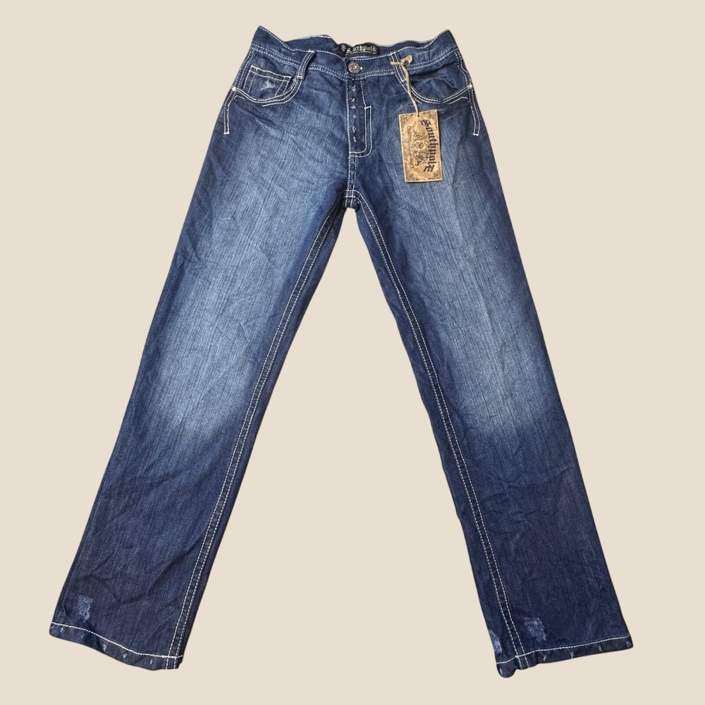 Southpole Jeans Mens 30x30 Straight Leg Dark Blue Contrast Stitch Distressed NEW